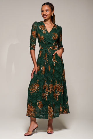 Three Quarter Sleeve Printed Lace Maxi Dress, Green Floral