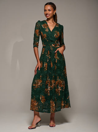 Three Quarter Sleeve Printed Lace Maxi Dress, Green Floral