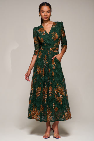 Three Quarter Sleeve Printed Lace Maxi Dress, Green Floral