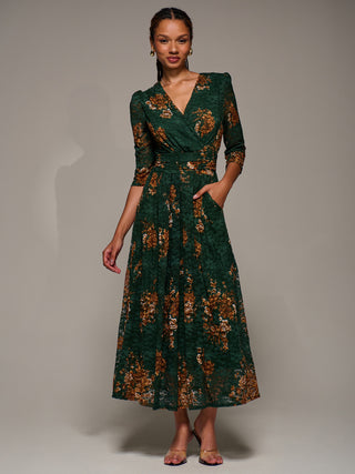 Three Quarter Sleeve Printed Lace Maxi Dress, Green Floral