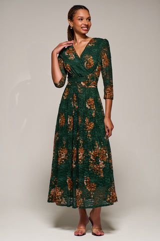 Three Quarter Sleeve Printed Lace Maxi Dress, Green Floral