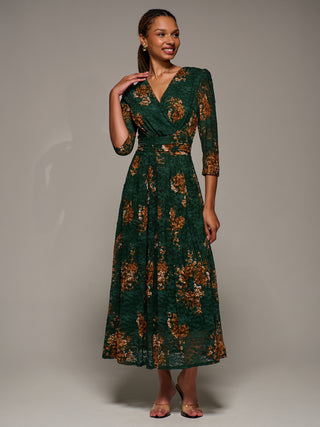Three Quarter Sleeve Printed Lace Maxi Dress, Green Floral