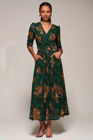 Three Quarter Sleeve Printed Lace Maxi Dress, Green Floral
