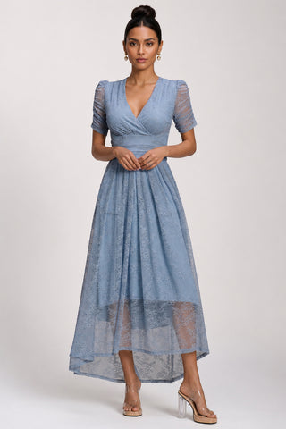Lace Ruched Sleeve Dip Hem Maxi Dress, Blue Aura