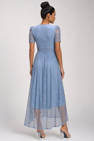Lace Ruched Sleeve Dip Hem Maxi Dress, Blue Aura
