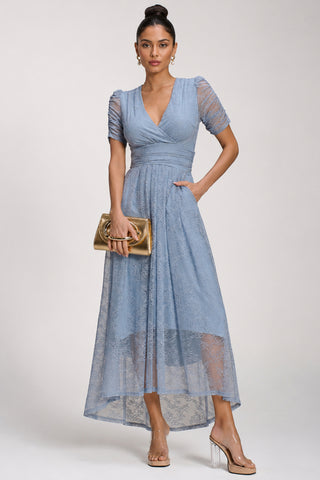Lace Ruched Sleeve Dip Hem Maxi Dress, Blue Aura