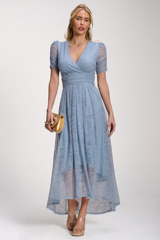 Lace Ruched Sleeve Dip Hem Maxi Dress, Blue Aura