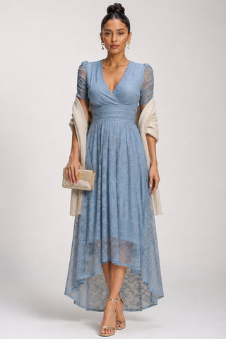 Lace Ruched Sleeve Dip Hem Maxi Dress, Blue Aura