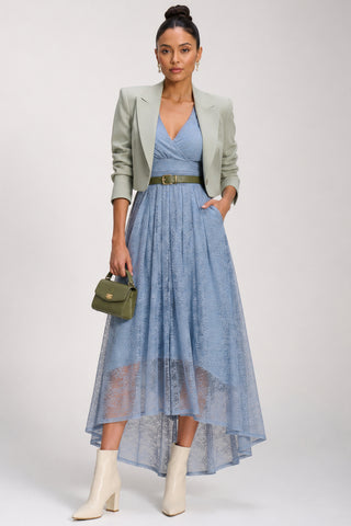 Lace Ruched Sleeve Dip Hem Maxi Dress, Blue Aura