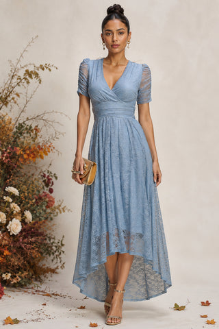 Lace Ruched Sleeve Dip Hem Maxi Dress, Blue Aura