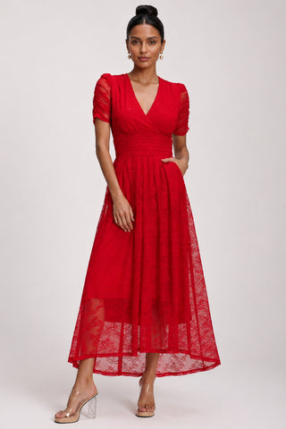 Lace Ruched Sleeve Dip Hem Maxi Dress, Scarlet Red