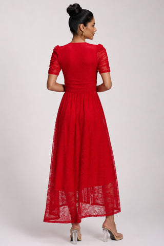 Lace Ruched Sleeve Dip Hem Maxi Dress, Scarlet Red