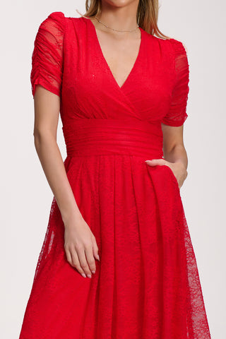 Lace Ruched Sleeve Dip Hem Maxi Dress, Scarlet Red
