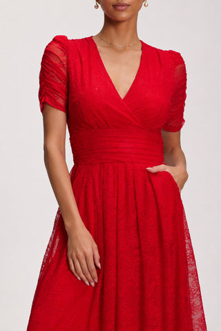 Lace Ruched Sleeve Dip Hem Maxi Dress, Scarlet Red
