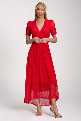 Lace Ruched Sleeve Dip Hem Maxi Dress, Scarlet Red