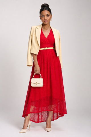 Lace Ruched Sleeve Dip Hem Maxi Dress, Scarlet Red