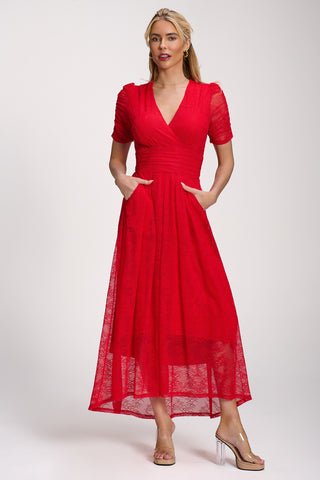 Lace Ruched Sleeve Dip Hem Maxi Dress, Scarlet Red