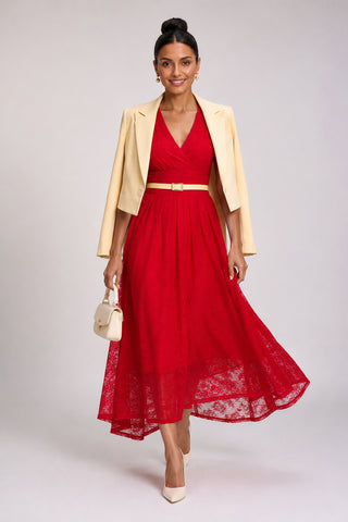 Lace Ruched Sleeve Dip Hem Maxi Dress, Scarlet Red