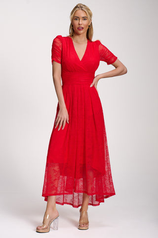 Lace Ruched Sleeve Dip Hem Maxi Dress, Scarlet Red