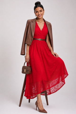 Lace Ruched Sleeve Dip Hem Maxi Dress, Scarlet Red