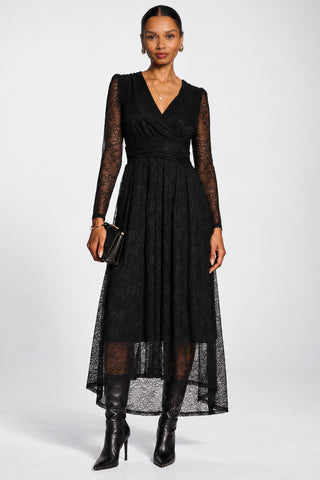 Long Sleeve Wrap V Neck Lace Maxi Dress, Black