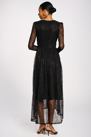Long Sleeve Wrap V Neck Lace Maxi Dress, Black