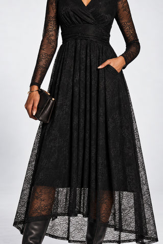 Long Sleeve Wrap V Neck Lace Maxi Dress, Black