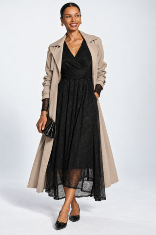 Long Sleeve Wrap V Neck Lace Maxi Dress, Black
