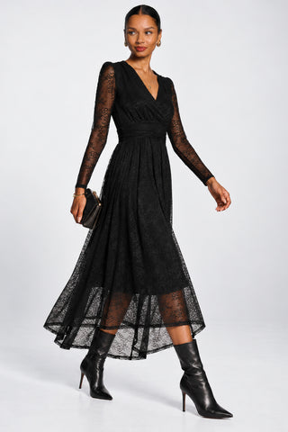 Long Sleeve Wrap V Neck Lace Maxi Dress, Black