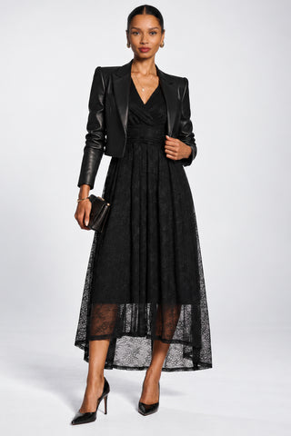Long Sleeve Wrap V Neck Lace Maxi Dress, Black
