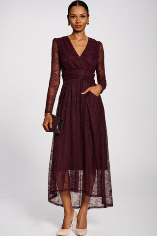Long Sleeve Wrap V Neck Lace Maxi Dress, Burgundy