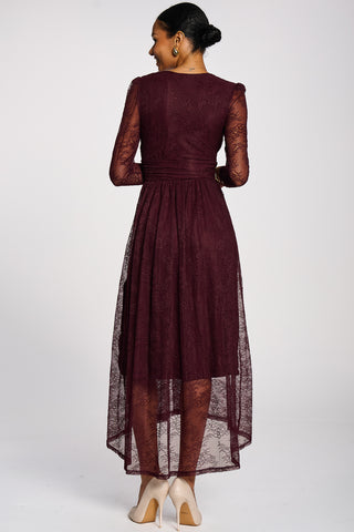 Long Sleeve Wrap V Neck Lace Maxi Dress, Burgundy