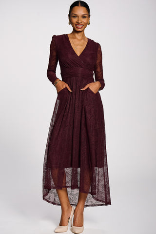 Long Sleeve Wrap V Neck Lace Maxi Dress, Burgundy