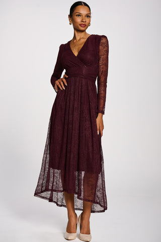 Long Sleeve Wrap V Neck Lace Maxi Dress, Burgundy