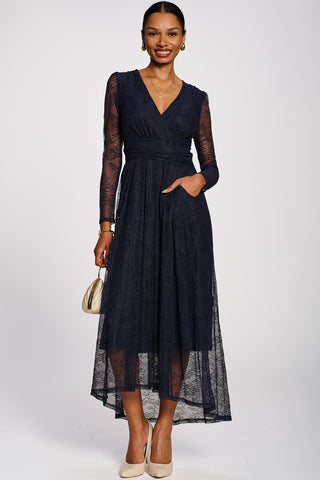 Long Sleeve Wrap V Neck Lace Maxi Dress,Navy
