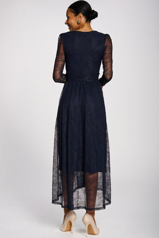 Long Sleeve Wrap V Neck Lace Maxi Dress,Navy