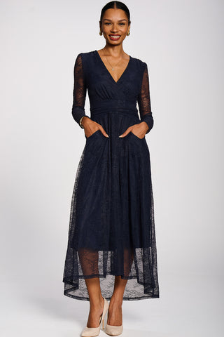 Long Sleeve Wrap V Neck Lace Maxi Dress,Navy