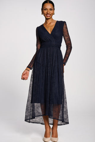 Long Sleeve Wrap V Neck Lace Maxi Dress,Navy
