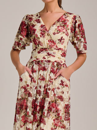 Angel Sleeve Print Lace Maxi Dress, Beige Floral