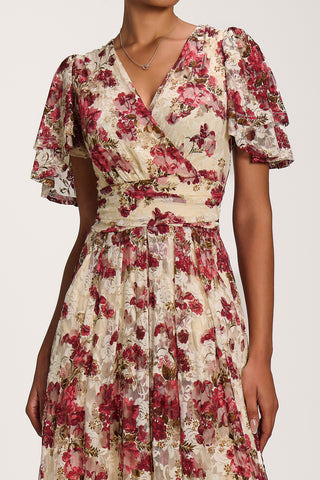 Angel Sleeve Print Lace Maxi Dress, Beige Floral