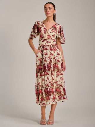 Angel Sleeve Print Lace Maxi Dress, Beige Floral