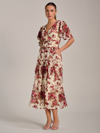 Angel Sleeve Print Lace Maxi Dress, Beige Floral