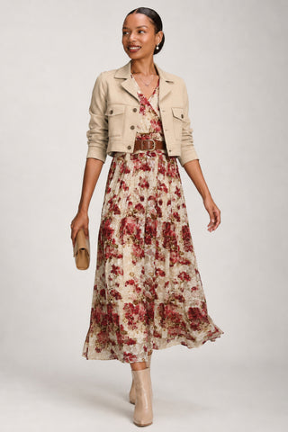 Angel Sleeve Print Lace Maxi Dress, Beige Floral