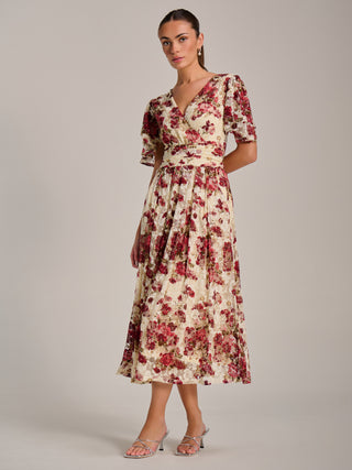 Angel Sleeve Print Lace Maxi Dress, Beige Floral