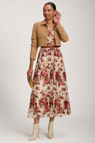 Angel Sleeve Print Lace Maxi Dress, Beige Floral