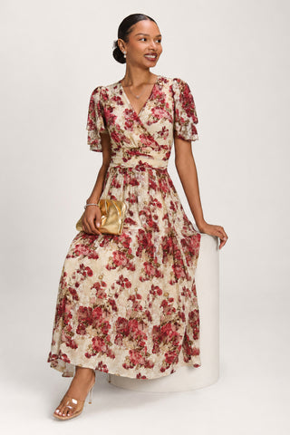 Angel Sleeve Print Lace Maxi Dress, Beige Floral