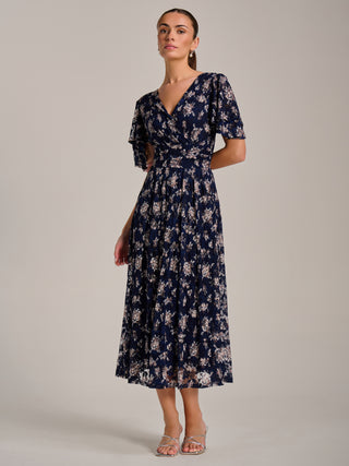 Angel Sleeve Print Lace Maxi Dress, Navy Floral