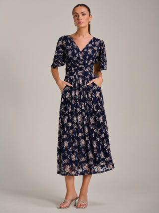 Angel Sleeve Print Lace Maxi Dress, Navy Floral