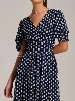 Angel Sleeve Print Lace Maxi Dress, Navy Spot