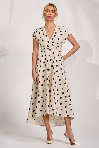 Printed Scuba Dipped Hem Maxi Dress, Cream Spot